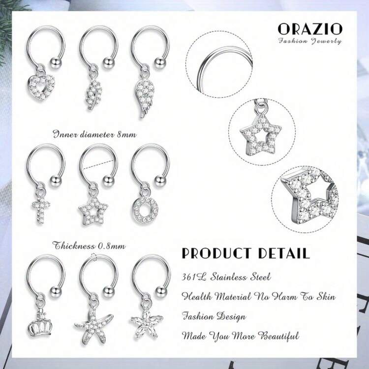 IRONBOX 9Pcs Ear Cuffs Stainless Steel Ear Cuffs For Women Men Non-Piercing Dainty Helix Cartilage Ear Clip On Wrap Earring Set Fake Earrings Lip Ring Adjustable - silvery - View 6