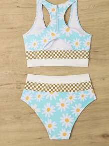 Women's Round Neck Daisy Print Tankini With Checkerboard Detail, Medium Stretch Casual And Cute Swimwear Bikinis - Blue - View 7
