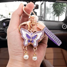 Fashionable Full Rhinestone Pink/Blue Pearl Butterfly Keychain, Elegant Unisex Luxury Car Key Chain, Backpack Pendant, Cute Chic All-Match Jewelry Accessories - one-size - View 15