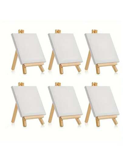 3pcs/6pcs Mini Canvas And Easel Set Mini Canvas Panels Mini Wood Easels, Canvas Size Is 4x4in; Easel Size Is 3.1x5.9in, For Kids Drawing, Oil Painting And DIY Graffiti