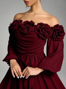 SUPGIR Off-Shoulder Kleid mit Laternärmeln, floralem Dekor, elegantes A-Linien Langkleid, Brautjungfernkleid