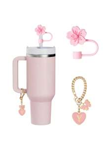 兼容 杯配件 1 件黑粉色吸管盖，用于杯吸管盖，1 件可爱心形字母和圆形字母饰物，适用于 30&40 盎司带手柄玻璃杯，字母饰物配件的长度为 3.94 英寸。个性化字母配件