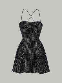 Floreya Summer Holiday Polka Dot Print Strapless Off Shoulder Buttoned Back Mini Dress, Fashion Retro Black Polka Dot Spaghetti Strap Ruffle A-Line Short Dress, French Minimalist Strapless Bodycon Dress - Black and White - View 8