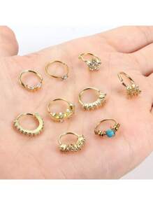 IRONBOX 9Pcs Stainless Steel Nose Ring Hoop Stud Paved CZ Leaf Flower Crawler Nose Ear Cartilage For Women Nose Ear Piercing Hoop