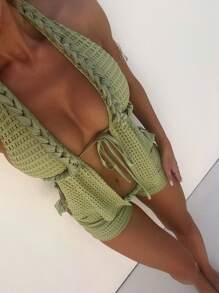 Y2k Crochet Knitted Two Piece Outfit For Women Beach Vacation Clothes Outfit Sexy Hollow Out Tie Front Halter Backless Split Crop Tank Tops + Slim Fit Low Rise Mini Shorts Set Summer Club Beachwear 2 Piece Outfit - 綠色 - 查看 4