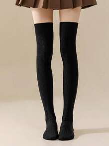 Solid Color Cable Knit Knee High Socks, Suitable For Pairing With Mini Skirts, Cozy - White - View 17