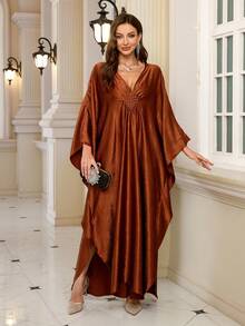 Elegant Women's Gold Satin Kaftan Robe, Batwing Sleeve Casual Dress Spring - 棕色 - 查看 7