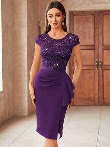 MIUSOL Elegant Contrast Lace & Sequin Patchwork Ruffle Trim Ruched Bodycon Dress With Fitted Hem, Semi-Formal Women's Attire, Suitable For Graduation Ceremony, Dinner - Purple - View 6