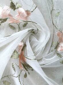 1pc Pink Floral Embroidery Semi Sheer Linen Cafe Curtain Retro Farmhouse Style Short Curtain For Kitchen Dining Room Window Rod Pocket Top