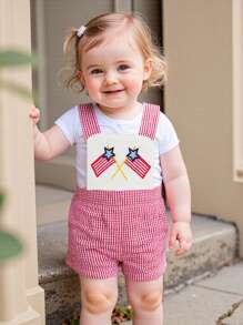 Toddler Baby 4th Of July Overalls Shorts American Flag Embroidery Plaid Print Sleeveless Romper For Boys And Girls - Red - View 2
