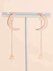 1 Pair Rose Gold Moon & Star Design Front & Back Earrings