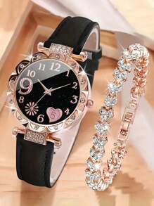 2pcs/1set Elegant And Fashionable Watch For Women PU Leather Watch Straps Bracelet With Rhinestones Classic Casual Multifunctional Fashion Style Best Gifts