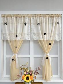 1pc Khaki Sheer Lace Curtain With Black Butterfly And Floral Pattern - Classic Princess Style, Suitable For Kitchen, Small Windows, Cafes And Door Decoration, Sheer And Washable With Rod Pocket