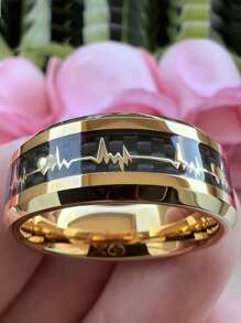 1 Pc Fashion 8mm Black Carbon Fiber Golden Heart Rate Line Men Rings Stainless Steel Rings For Men Jewelry Accessories Party Gift - Gold - View 3