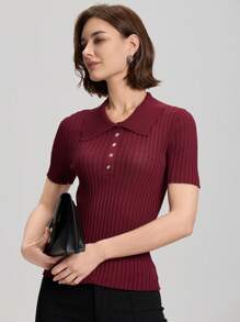 Women Solid Color Polo Collar Knitted Ribbed Slim Fit Short Sleeve Knit Top - Burgundy - View 1