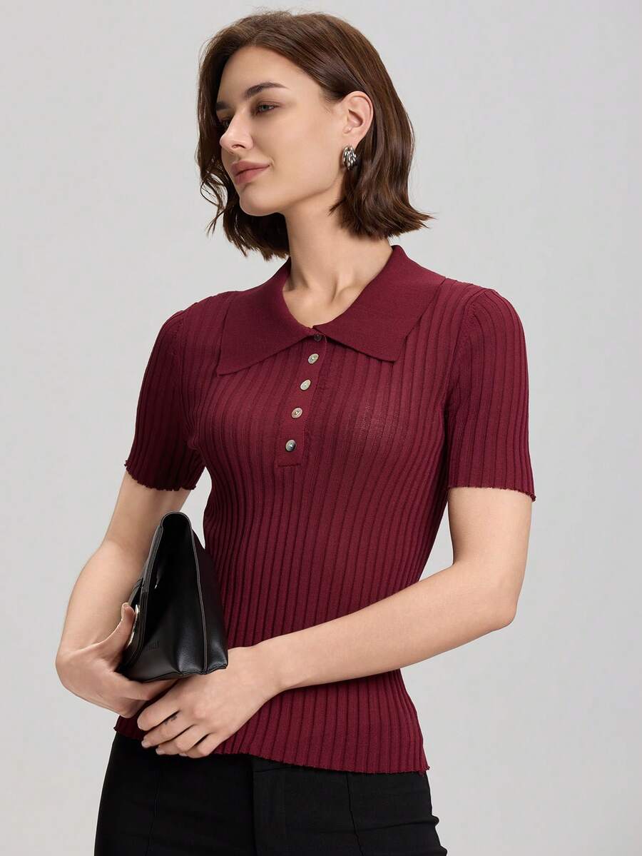 Women Solid Color Polo Collar Knitted Ribbed Slim Fit Short Sleeve Knit Top - Burgundy - View 1
