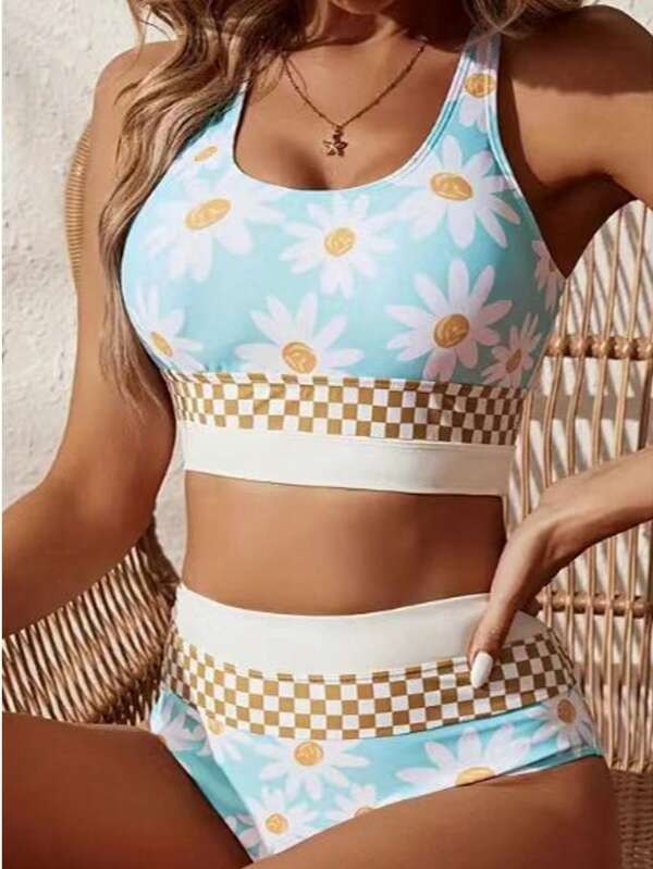 2Pcs Sunflower & Daisy Floral Print Casual Swimwear For Summer Beach Vacation