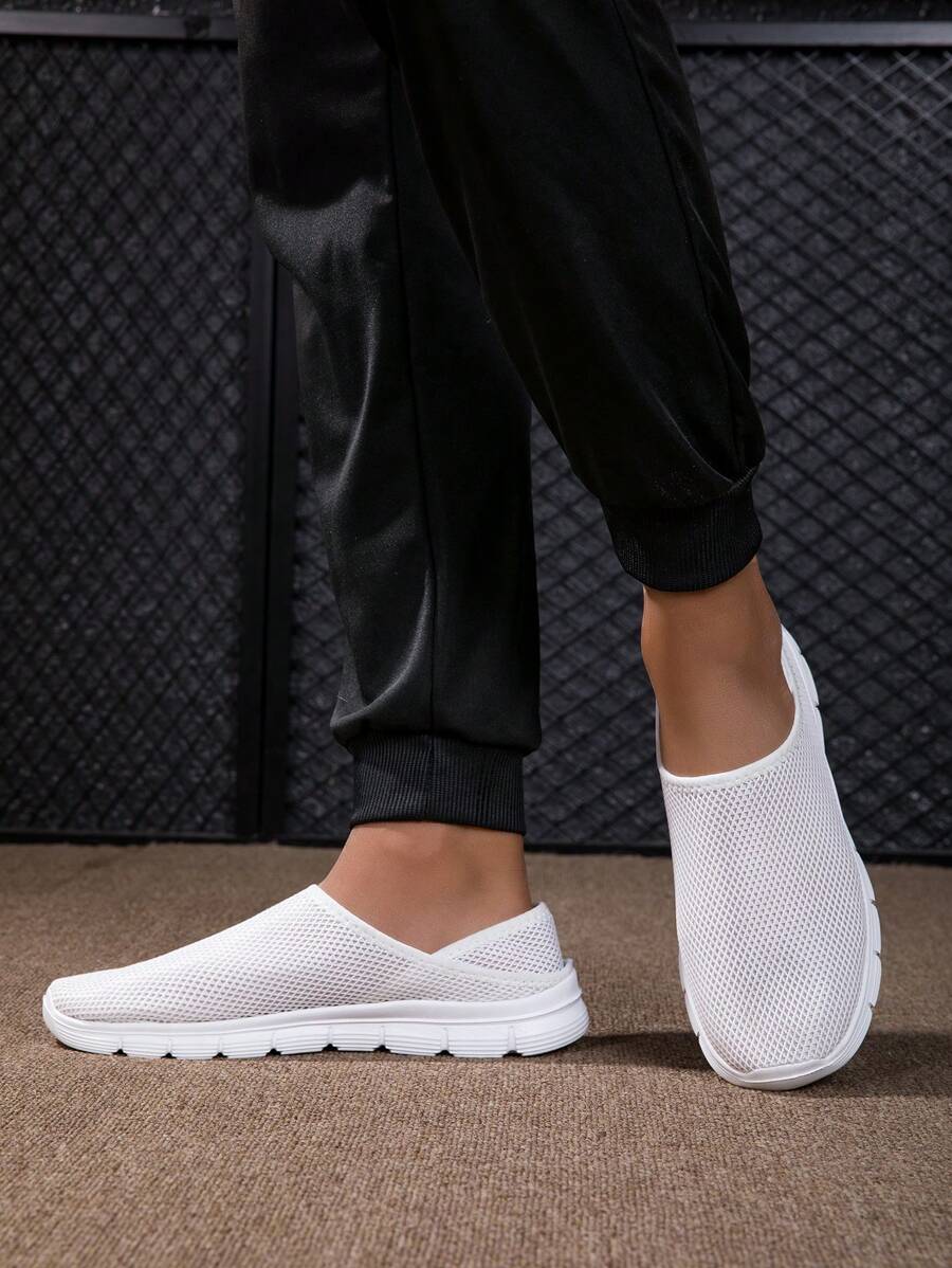 Plus Size Men Slip-On Casual Shoes, Hollow Mesh Flat Backless Sandals For Spring & Summer - White - View 1