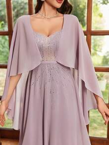 Embroidered Women's Chiffon Long Robe Dress With Short Sleeves, Casual And Simple,Party Dress,Gown,Formal,Evening,Wedding Guest - Dusty Pink - View 4