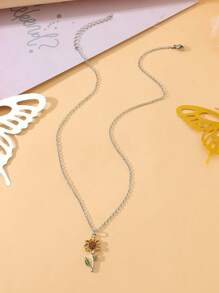 Goodwaro 1pc Delicate Rhinestone Inlaid Choker Necklace, Sunflower & Blessing Pendant, Women