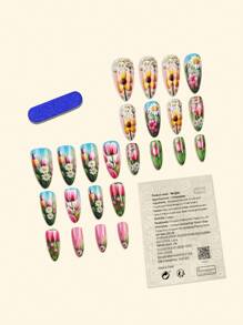 Mejora tu apariencia con este set de 24 uñas postizas en forma de almendra de tamaño medio para el Día de Acción de Gracias. Tienen un acabado súper brillante y son de estilo acrílico. El set incluye diseños de moda en degradado multicolor, con decoraciones geométricas y de flores, en un estilo simple, dulce, minimalista y elegante. Incluye parches de uñas postizas desmontables, adecuados para ocasiones festivas, fiestas, citas y uso diario.