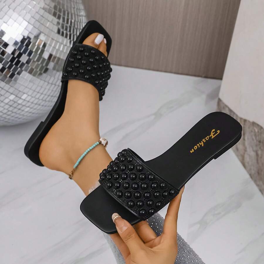 Women's Elegant Comfortable Casual Crystal Decor Flat Slip-On Fashion Sandals - Black - View 1