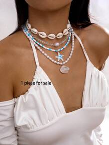 1pc Bohemian Beach Retro Style Resin White Shell Pendant Necklace With Faux Pearl & Beads, Single Layer, Suitable For Activities, Beach Parties & Gatherings, Gift