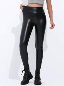 Pantaloni a vita alta attillati in pelle sintetica, pantaloni da donna casual da festival musicale punk, leggings a vita larga neri