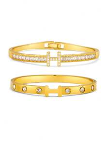 Fashion Stainless Steel H-Shaped Cubic Zirconia Bangle, Suitable For Daily Wear And Holiday Gift Set