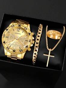 4-Piece Luxury Gift Set For Men: Stainless Steel Quartz Watch With Precise Analog Display, Cross Pendant Necklace, Bracelet And Ring, Perfect For Business, Casual And Sports Occasions - Ideal Gift For Him