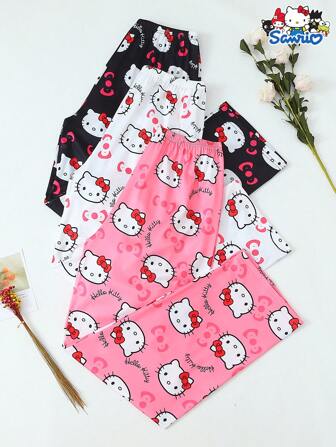 Sanrio 3pcs Set Hello Kitty Ladies Cute Cartoon Pajama Pants, Soft And Non-Sheer Polyester Material, Comfortable For Home Use, Suitable For All Seasons, Fall Winter Clothes