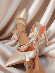 2025 New Women's Champagne-Colored Bow Sandals, Elegant Women's High Heels, Limited Stock Romantic High Heels, Heel Exposure Shoes, Wedding Shoes, Bride Shoes, Suitable For Parties, Weddings, Daily Life, Comfortable All Year Round, Women's Summer Shoes - Champagne - View 3