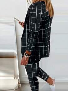Women's Elegant Plaid Long Sleeve Blazer Jacket And Pants Suit Set