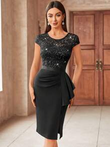 Vestido ajustado elegante con bloqueo de color, encaje, lentejuelas, parches y volantes, vestido de mujer semi-formal adecuado para cóctel, vacaciones, ceremonia de graduación, cena de gala y otras ocasiones - Negro - Ver 6