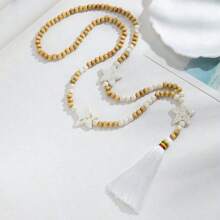 1 件女式星形木珠流苏长毛衣链项链，时尚百搭吊坠（随机星星/珠子纹理）