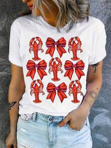 Oversize White T-Shirt, Red Crawfish Graphic T-Shirt, Gift For Crawfish Lover, Bowknot Crawfish Element, Fun Festival Shirt, Carnival Party Shirt, Mardi Gras Shirt, Fat Tuesday Shirt, Crawfish Tee, Suitable For All Ages, Wear For Gathering, Daily, Travel - White - View 2