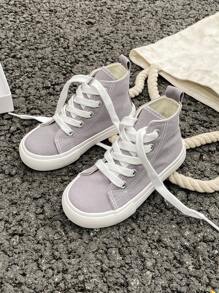 OPOEE 白色帆布鞋，儿童中帮运动鞋，春秋时尚简约男女童帆布鞋，经典高帮帆布鞋，休闲系带帆布鞋，运动鞋，儿童滑板鞋