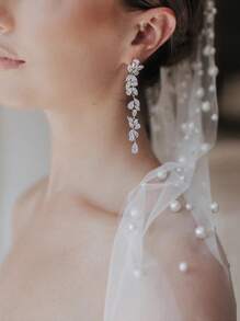 Velo nupcial de capa única de malla de nailon, accesorio de boda, diseño de red hueca con peine de cabello plano, decorado con perlas artificiales y brillantes rhinestones