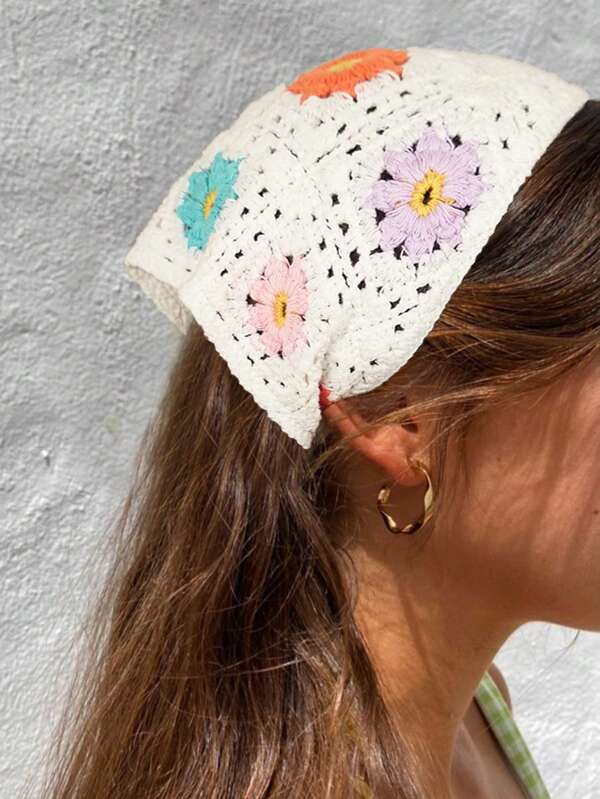 1 pieza Pañuelo triangular de estilo bohemio con flores coloridas, tejido como pañuelo para la cabeza