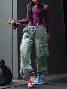 Chic Baggy Denim Overalls - Detachable Straps, Utility Pockets, Sexy Street Style For Everyday Wear - Medium Wash - View 6