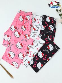 Sanrio 3pcs Set Hello Kitty Ladies Cute Cartoon Pajama Pants, Soft And Non-Sheer Polyester Material, Comfortable For Home Use, Suitable For All Seasons, Fall Clothes