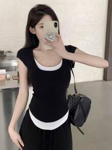 黑色 2 合 1 短袖 T 恤，修身剪裁设计，适合女士，夏季 - 黑色 - 查看 3