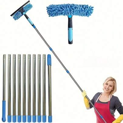 1 Set 2-In-1 Window Cleaning Brush And Squeegee Kit, With Extendable Stainless Steel Handle, Reusable Squeegee Blade, Suitable For Outdoor And Glass Cleaning, Includes Multiple Components And Machine Washable Chenille Cloth, Brush Cleaning Tools