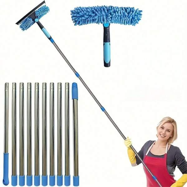 1 Set 2-In-1 Window Cleaning Brush And Squeegee Kit, With Extendable Stainless Steel Handle, Reusable Squeegee Blade, Suitable For Outdoor And Glass Cleaning, Includes Multiple Components And Machine Washable Chenille Cloth, Brush Cleaning Tools