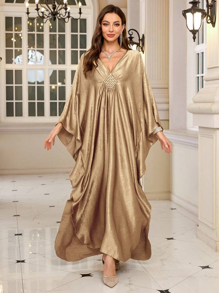 Elegant Women's Gold Satin Kaftan Robe, Batwing Sleeve Casual Dress Eid Spring - 杏色 - 查看 1