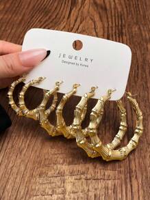 6pcs Gold Bamboo Hoop Earrings, Suitable For Daily Wear