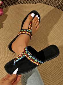 Summer New Woven Flip Flops Beach Slippers - Black - View 7