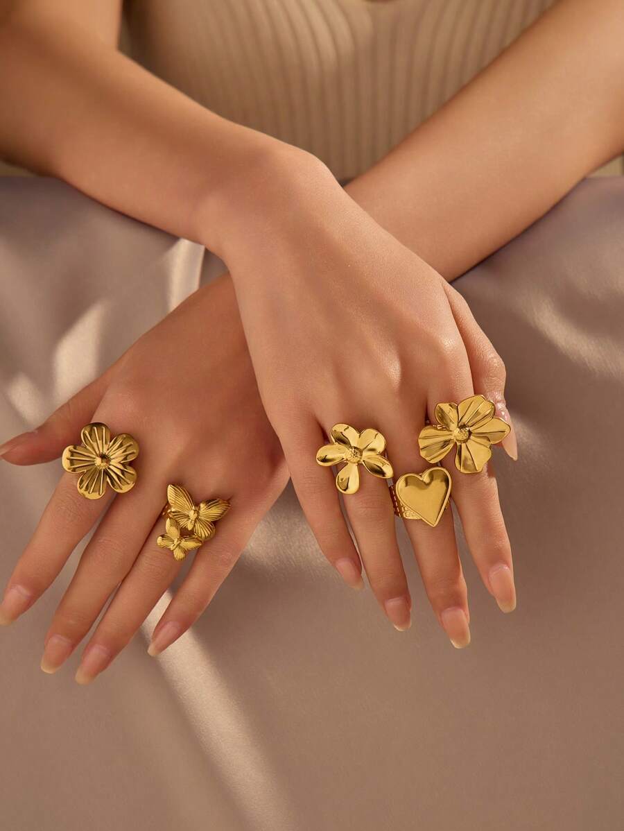 5pcs Stainless Steel Fashionable Exaggerated Golden Flower Heart And Other Shapes Ring Set, Suitable For Ladies To Wear Daily Or Give As Gifts