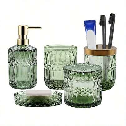 5-Piece Glass Bathroom Accessories Set – Lotion Dispenser, Soap Dish, Toothbrush Holder, Cotton Swab Jar, Glass Bottle (Green)