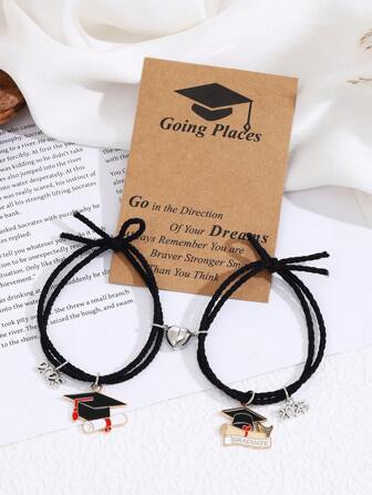 ZIRUISP 1 对毕业季手链 2025 可调节爱心磁铁手工编织情侣手链 最佳朋友珠宝毕业礼物送给她